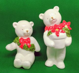 2 Vintage Schmid Bone China Christmas Teddy Bears Figurines Cute