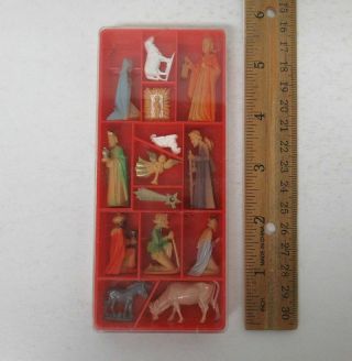 Vintage 13 - Pc Miniature Plastic Christmas Nativity Set W/case West Germany W9432