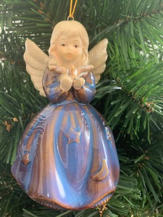 4” Glazed Stoneware Angel Blue Dress Bell Christmas Ornament