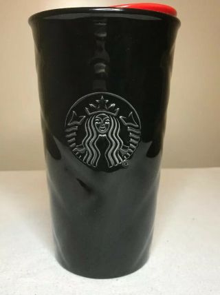 Starbucks 2015 Black Quilted Ceramic Tumbler Travel Mug 10 Oz Red Lid Htf