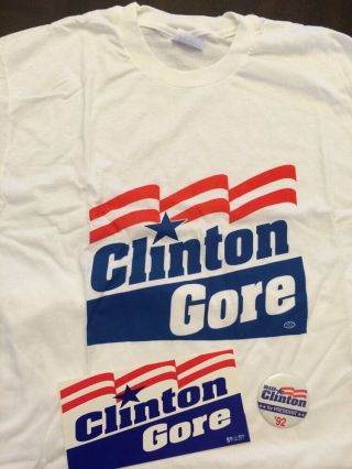1992 Clinton/gore President Campaign Xl T - Shirt,  Sticker And Pin.  (b)