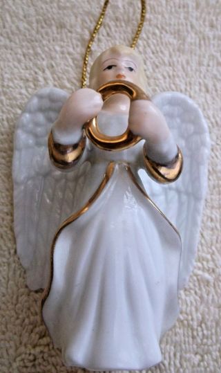 Vintage White Porcelain Ceramic Angel Christmas Ornament Gold Trimmed Excond.