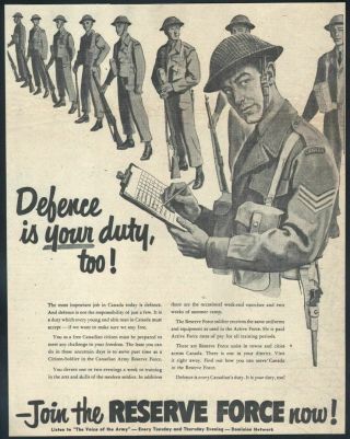 1953 Canadian Reserve Force Print Ad Defense Is Your Duty
