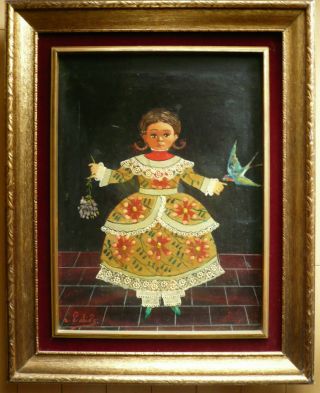 Agapito Labios,  Well Listed Mexican Mexico Folk Artist Nina Girl W/ Bird Old Oil