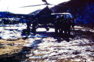 Rescue Helicopter Snow Military Personnel Korean War 35mm Slide Red Border 1950s