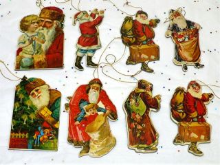 8 Vintage 1977 Christmas Cardboard Santa Tree Ornaments