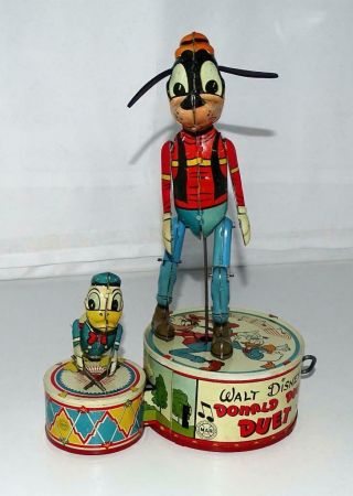 Ex Disney 1946 " Donald Duck&goofy Duet " Tin Wind - Up Mechanical Action Toy By Marx
