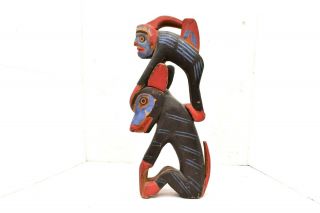 Native American Northwest Coast Tlingit Totem Pole Carving Signed 14 " Tall Vtg