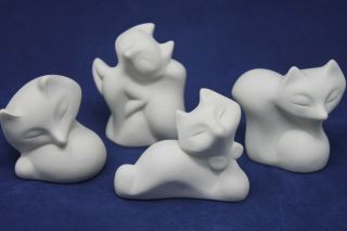 White Fox Mini Figurines Porcelain Bisque Modern Style 4 Pc Set