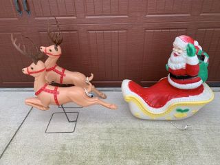 Vintage Santa Clause With Two Reindeer Blow Mold Christmas Drcorations