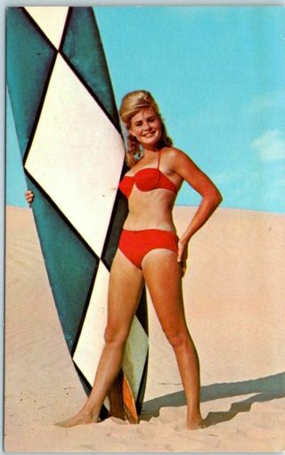 1960s Pin - Up Girl Postcard " Come Surf With Me " Blond Girl Red Bikini Surfboard