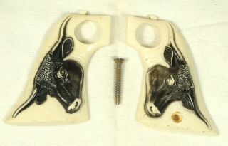 Hubley Texan Jr Cap Gun Replacement Grips - White With Black Steer Head