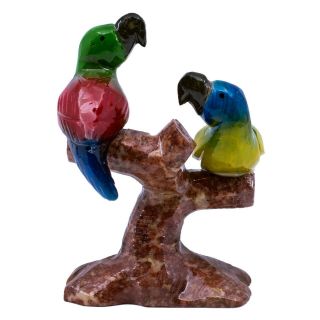 Hand Carved Marble Stone Macaw Parrots On Branch Figurine Carving 3.  75 
