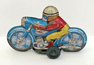 1970s Vintage Japan Tiny Tin Toy Racing Motorcycle Friction Blue Version Vgc