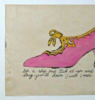 ANDY WARHOL - - A 1950s ESTATE STAMPED INK & WATERCOLOR SHOE PAINTING,  UNIQUE 2