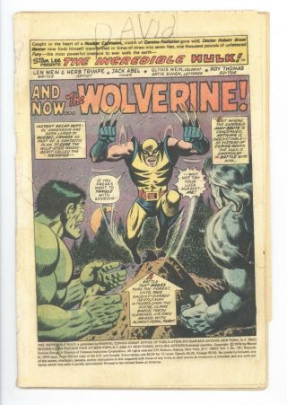 Incredible Hulk 181 Vol 1 Coverless And Mvs Missing 1st App Of Wolverine
