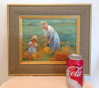 Joan Hollander Signed Oil Canvas Listed Pa Artist Mother Daughter Pick Flowers