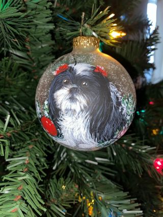 Shitzu Dog Glass Handpainted Christmas Ornament Stella Stevens 1998 Signed