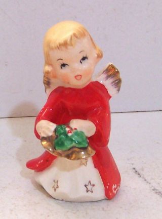 Vintage Japan Christmas Girl Angel W/ Bells & Holly Ornament Figurine