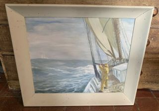Large Vintage Nautical Painting Sailor Telescope Sailboat In Storm Signed Tabor