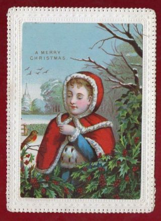 Victorian Girl Feeding Robin Christmas Greeting Card