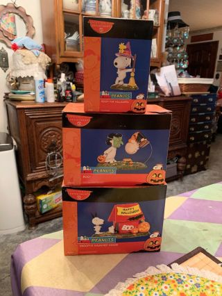 Department 56 Halloween Peanuts Decorations Boo Snoopy Haunted House Set Of 3