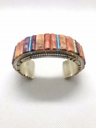 Vintage Navajo Sterling Silver Multi Stone Inlay Signed Tf Cuff Bracelet