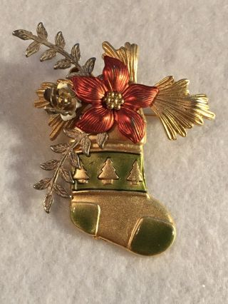 Kc Signed Christmas Poinsettia Stocking Pin