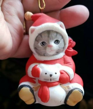 Vintage Schmid Christmas Ornament 1987 Kitty Cucumber Grey Tabby Cat Porcelain