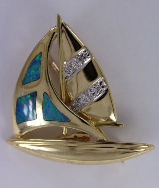 Vintage 14k Yellow Gold Diamond Opalite Sail Boat Pin Broach Converts To Pendant