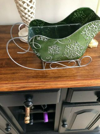 Green Sleigh W/silver Snowflakes 12 X 7 1/2 (vase)