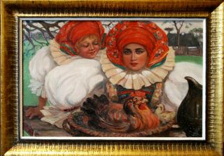 Polish Painting,  Village Easter,  Oil,  Antonina Dunin - Sulgostowska (1870 - 1940) ?