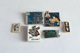 Russian Ussr Set Of 6 Badges Pins Cartoon Nu Pogodi Characters Kids