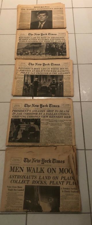 Set Of 5 Ny Times Vintage Newspapers Kennedy Assassination Moon Landing