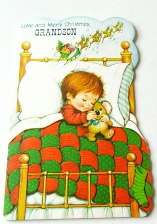 Vtg Christmas Card Boy Asleep Under Quilt W Koala Bear Dreaming Of Santa