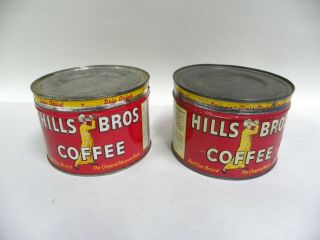 " 2  Vtg Hill Brothers Coffee 1 Lb Pound Advertising Tin Can With Lid Top (a7)