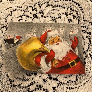 Vintage Greeting Card Christmas Santa Claus Reindeer Sack Sleigh