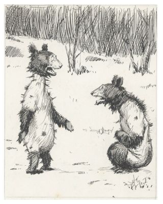 Master American Illustrator,  A.  B.  Frost Pen And Ink Drawing Of Two Naked Bears.