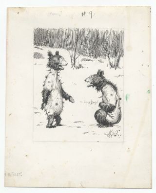 Master American illustrator,  A.  B.  Frost pen and ink drawing of two naked bears. 2