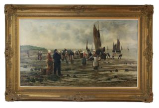 Late 19th Century Oil Painting Breton Fisherman Bringing In The Catch Signed