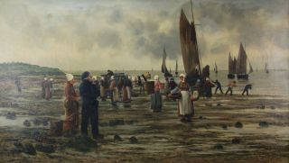 Late 19th Century Oil Painting Breton Fisherman Bringing in the Catch signed 2