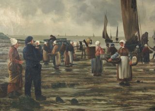 Late 19th Century Oil Painting Breton Fisherman Bringing in the Catch signed 3