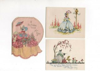 3 Vintage Folding Birthday Greeting Cards Of Pretty Ladies In Crinoline Dresses