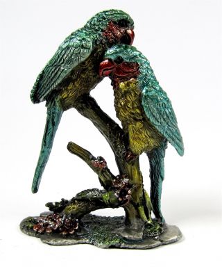 Miniature Parrot Figurine Metal Base Birds Blue/green Parrots On Branch