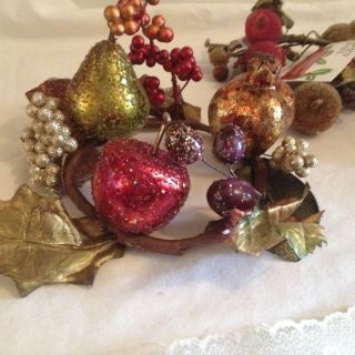 3 Christmas Garland Beaded Designed Candle Holder Centerpiece Glitter Fruit