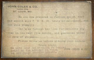 1902 Advertising Postcard Kansas City Missouri John Coles Barb Wire Nails