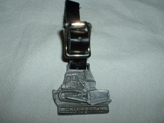 Vintage Metal Key Chain Watch Fob Leather Strap Cat Caterpillar Bull Dozer Rare