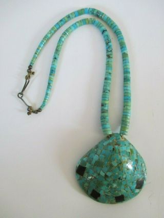 Vintage Early Santo Domingo Pueblo Graduated Turquoise & Inlaid Shell Necklace