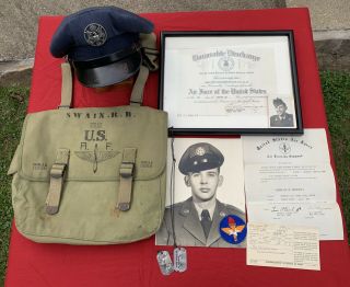 Id’d Korean War Air Force Grouping Hat,  Photo,  Dog Tags,  Bag