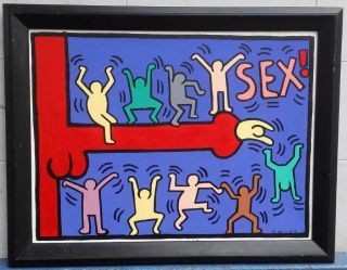 Great Acrylic Oil On Canvas By Keith Haring 1983 With Frame In